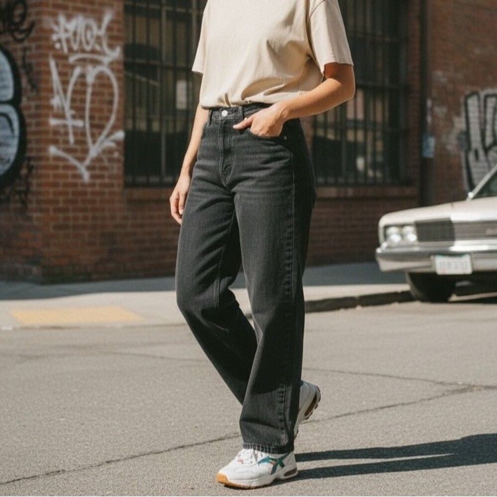 Vintage 90s Lands End Womens Size 34 Baggy High Rise Black Rigid Mom Jeans